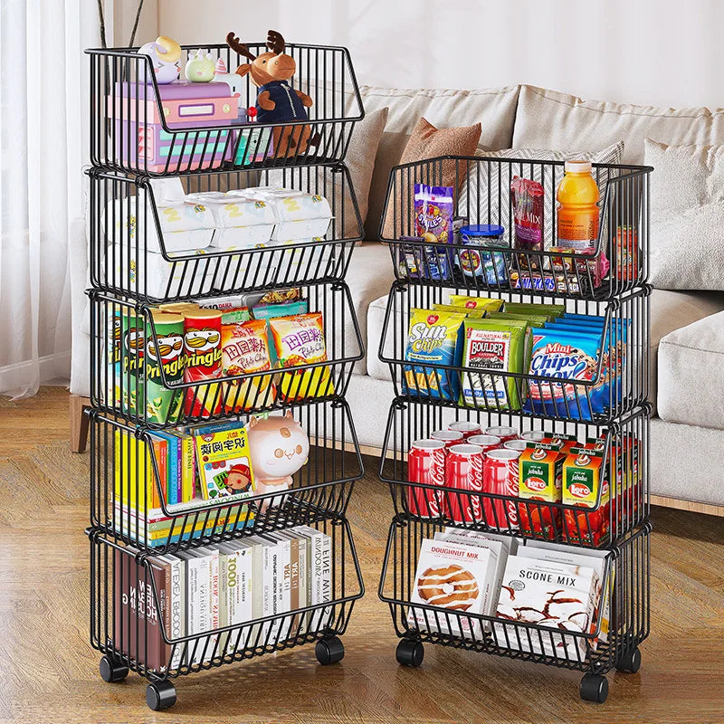 Sturdy Heavy Duty Space Saving Multilayer Kitchen Vegetable Fruit Storage Rack Rolling Cart with Baskets for Home Pantry Peaceful Pleasures Health and Wellness