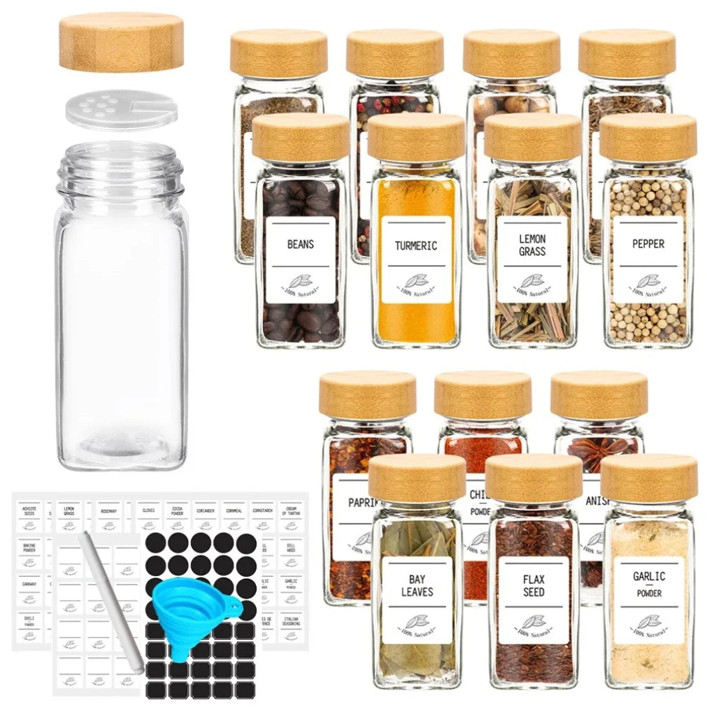 12-Piece Glass Spice Jars with Bamboo Lids, Labels & Funnel