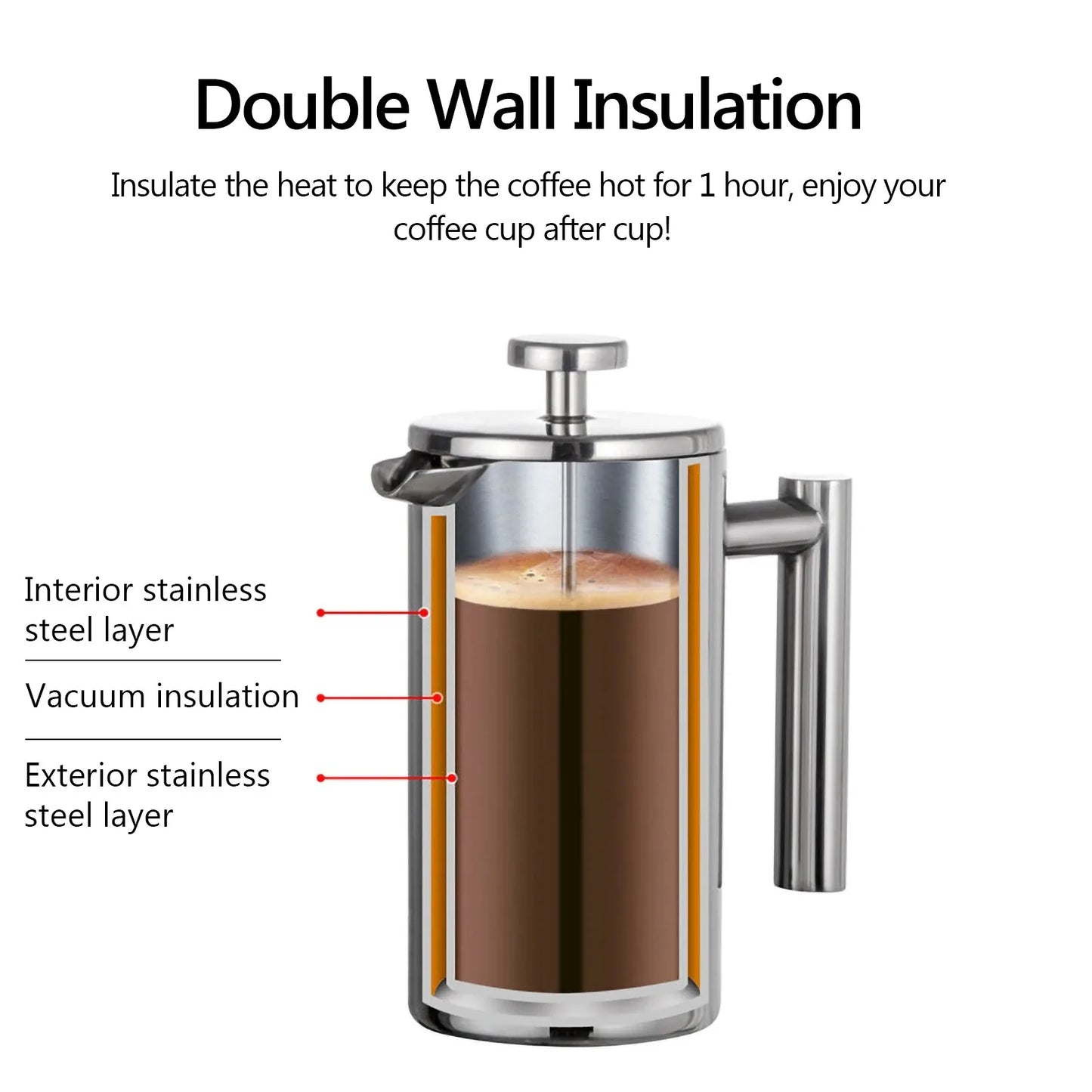 350ml/800ml/1000ml Coffee Maker Pot French Press Coffee Maker Stainless Steel Double Walled Insulated Coffee Maker Pot Peaceful Pleasures Health and Wellness
