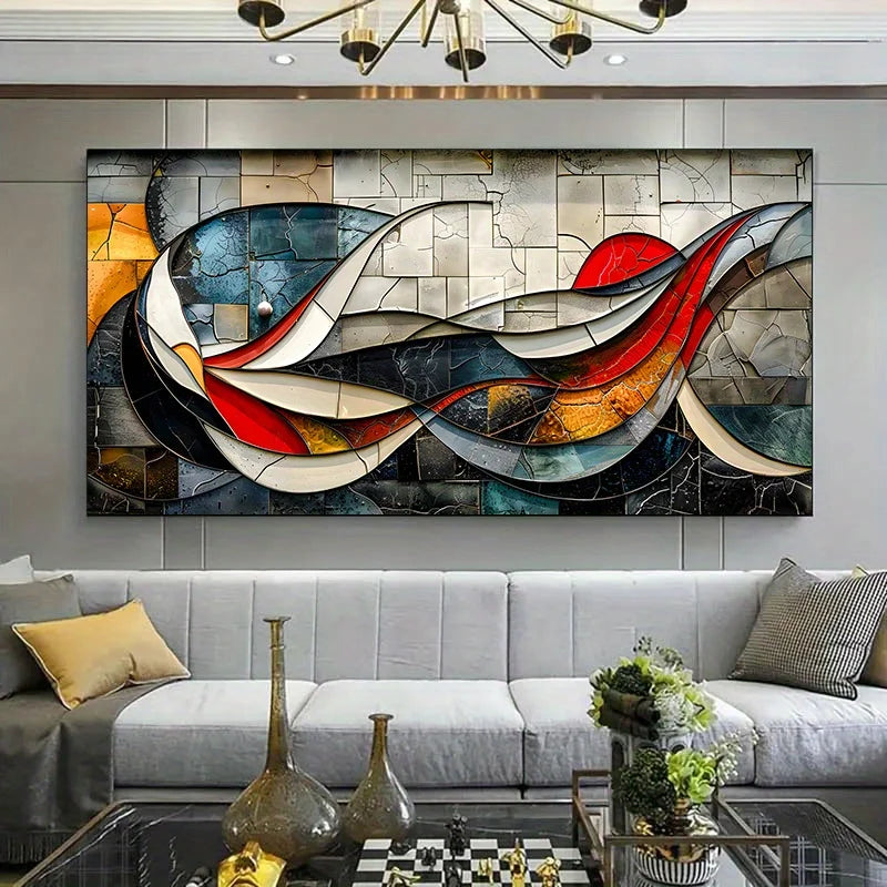 Large Frameless Modern Abstract Geometric Canvas Art - Colorful Mosaic Design for Living Room and Bedroom Wall Decor Peaceful Pleasures Health and Wellness