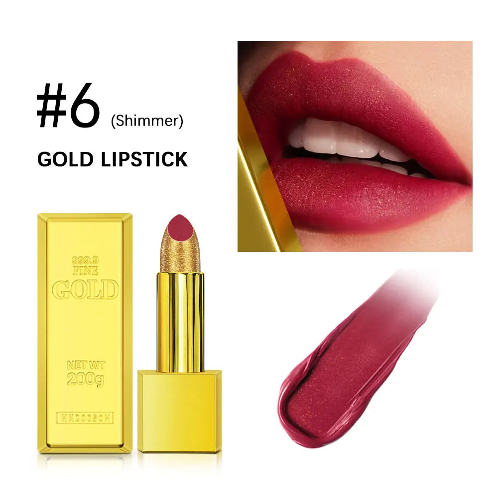 Shimmer Gold Lipstick Metallic Glitter Sexy Lipsticks Long Lasting Batom Waterproof Cosmetic Gold Brick Tube Design Gift 3.5g Peaceful Pleasures Health and Wellness color 6