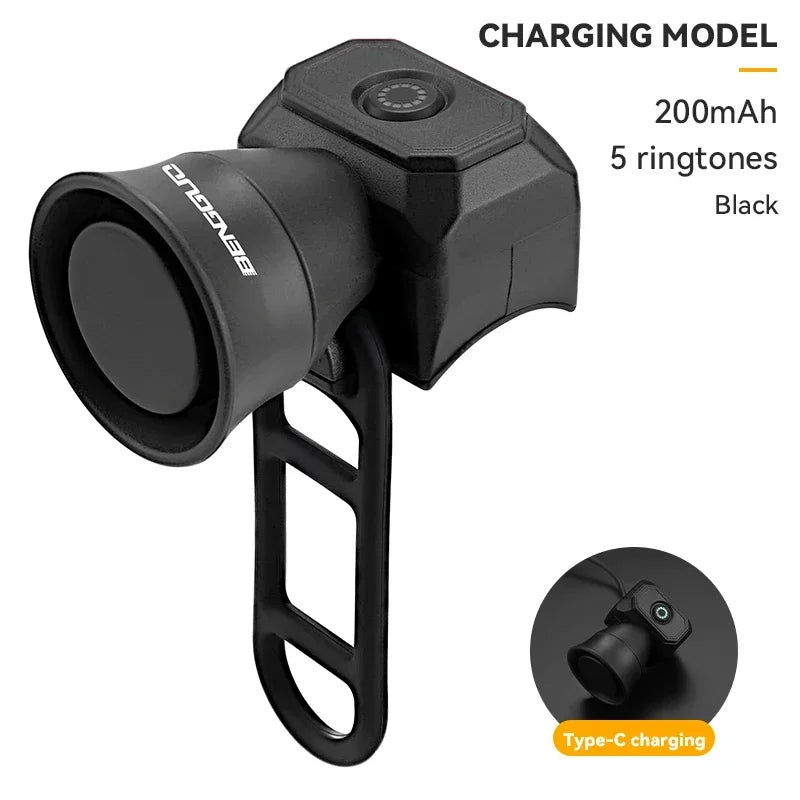 Bicycle Horn Mountain Bike Battery/USB Charging Waterproof Electronic Bike Bell Riding Equipment Children's Scooter Accessories Peaceful Pleasures Health and Wellness Tape-C-Black