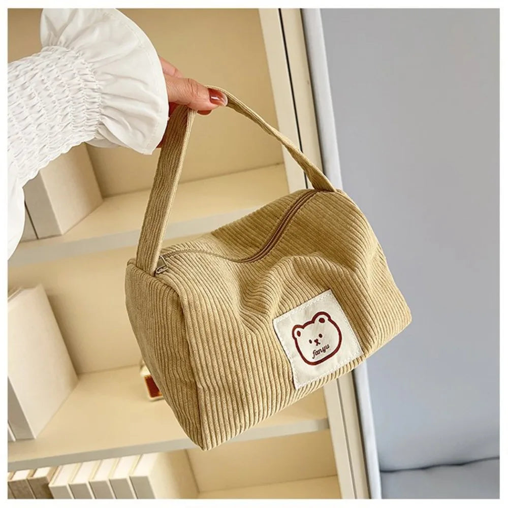 Bear Corduroy Large Makeup Bag – Zipper Cosmetic Organizer