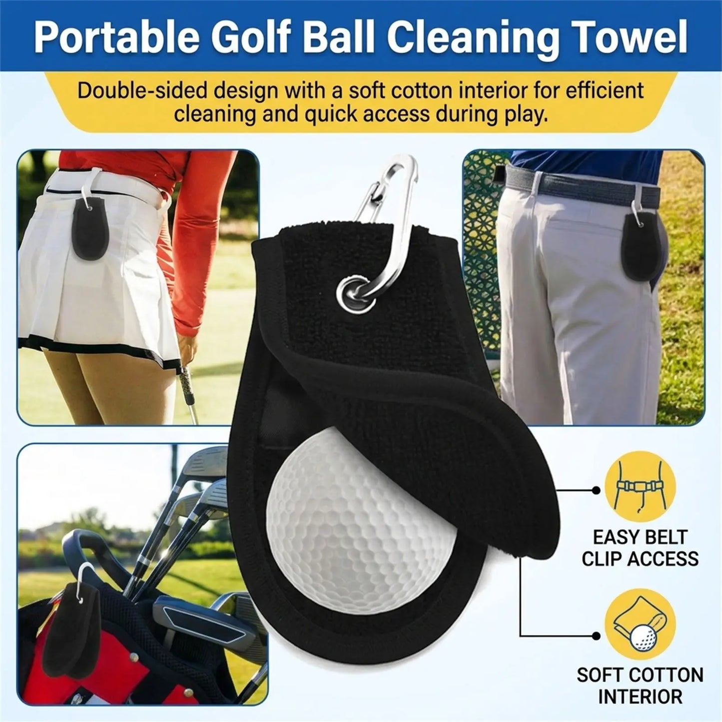 Golf Ball Cleaning Towel Portable Double Sided Design With Adjustable Hook For Waist Attachment Peaceful Pleasures Health and Wellness