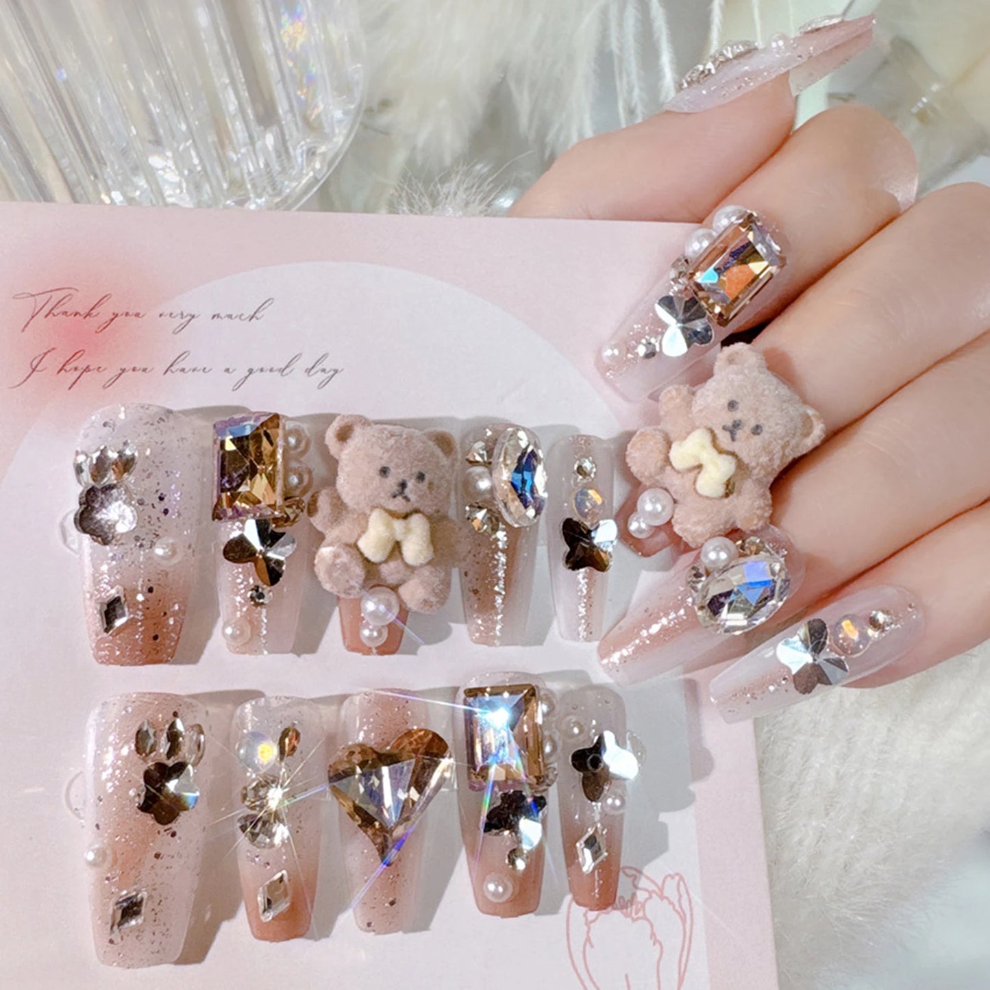 24pcs Sweet Cute Bow False Nails with Pink Crystal Design Korean Fake Nail Tips for Girl Lady Wearable Full Cover Press on Nails Peaceful Pleasures Health and Wellness 9