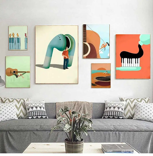 Vintage Music Art Funny Abstract Instrumental Canvas Painting Huge Guitar Piano Keys Poster Headphone Prints Home Decor Peaceful Pleasures Health and Wellness