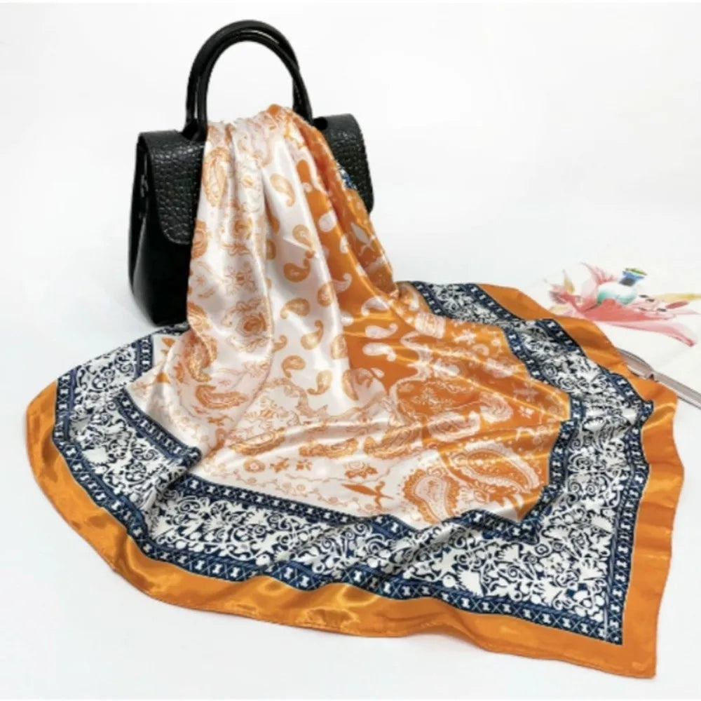90x90cm Satin Square Scarf – Bohemian Floral Hair Wrap & Shawl