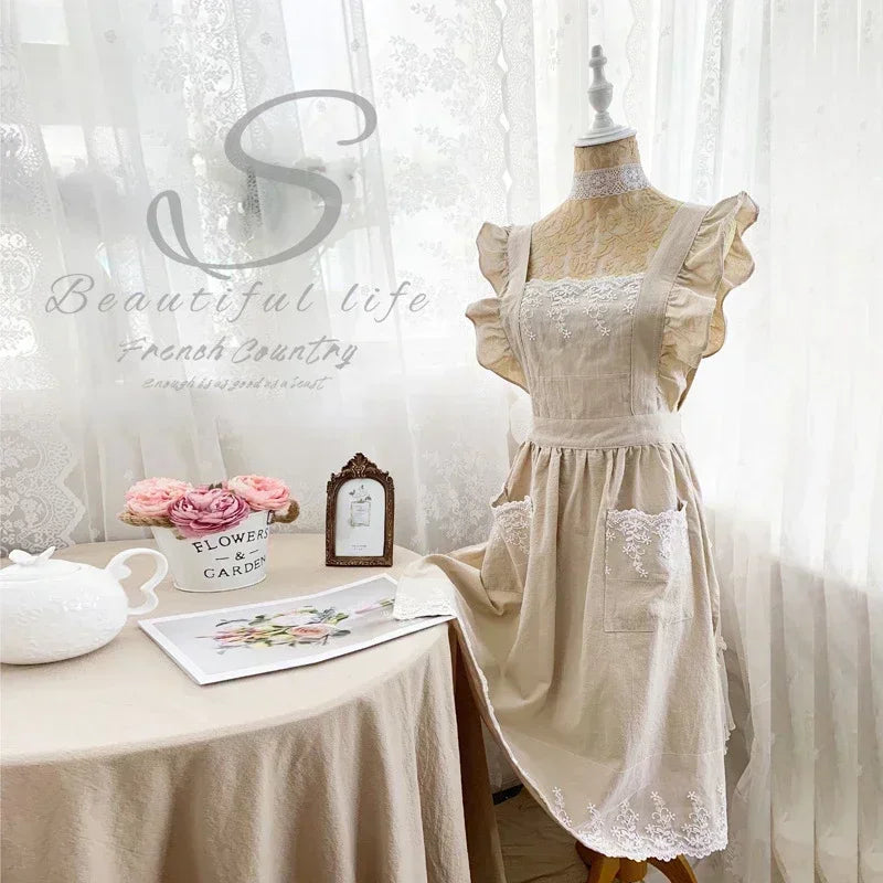Pure Cotton Apron Floral Art All-cotton Garden Smock Princess Full-body Flower Shop Work Clothes Summer Linen Manicure Apron New Peaceful Pleasures Health and Wellness Beige