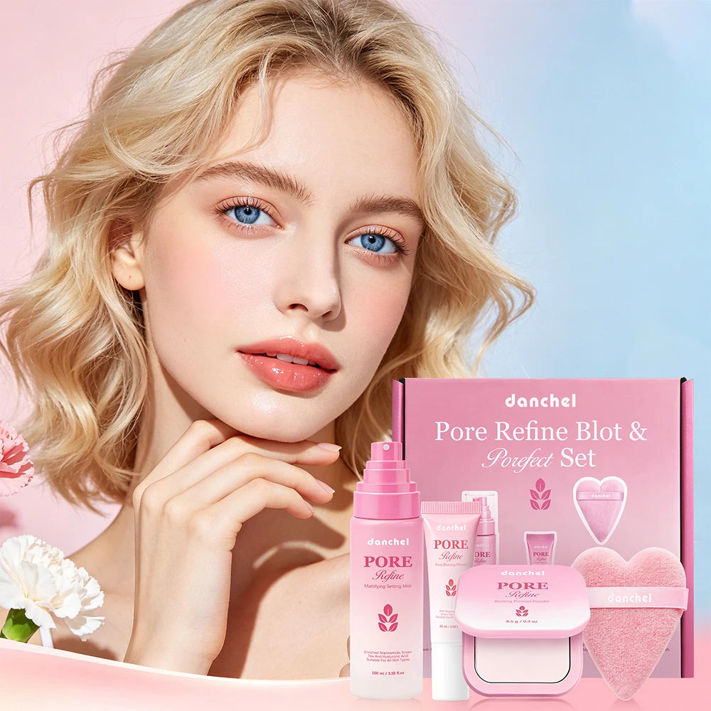 4Pcs Beauty Makeup Set Pore Blur Oil Control Matte Primer Mattifying Setting Mist Blotting Pressed Powder Puff Makeup Kit Peaceful Pleasures Health and Wellness