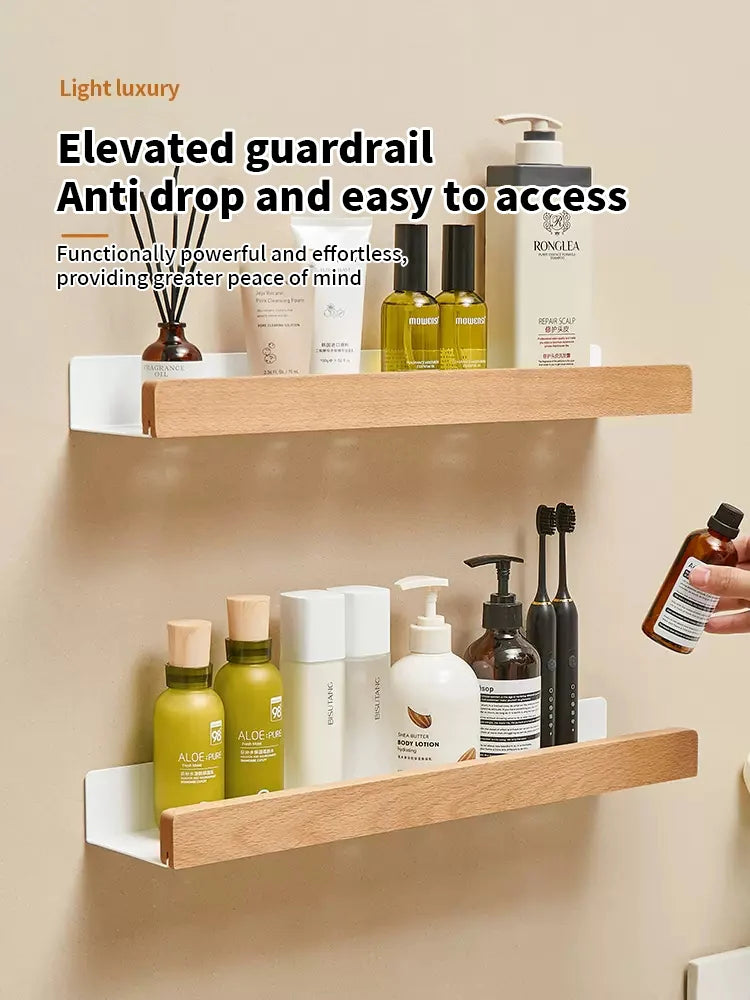 Wall-Mounted Wood & Aluminum Bathroom Shelf | Waterproof Storage