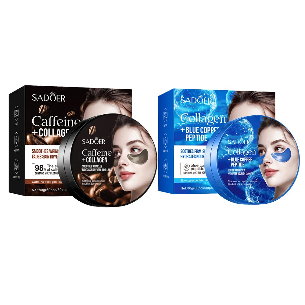 SADOER Collagen Eye Mask Caffeine Crystal Anti Dark Circles Eye Bag Remover Moisturizing Anti-aging Eye Patches Skin Eye Care Peaceful Pleasures Health and Wellness Coffee Blue 2pcs