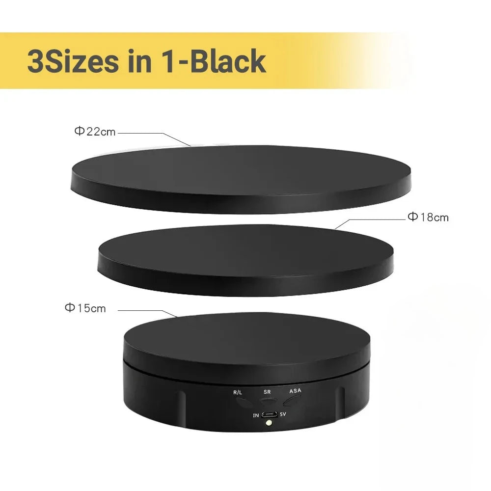 USB-Powered Rotating Turntable with 3 Speed Modes 360° Motorized Display Stand for Product Photography Jewelry&Video Shooting Peaceful Pleasures Health and Wellness 3Sizes in 1 Black