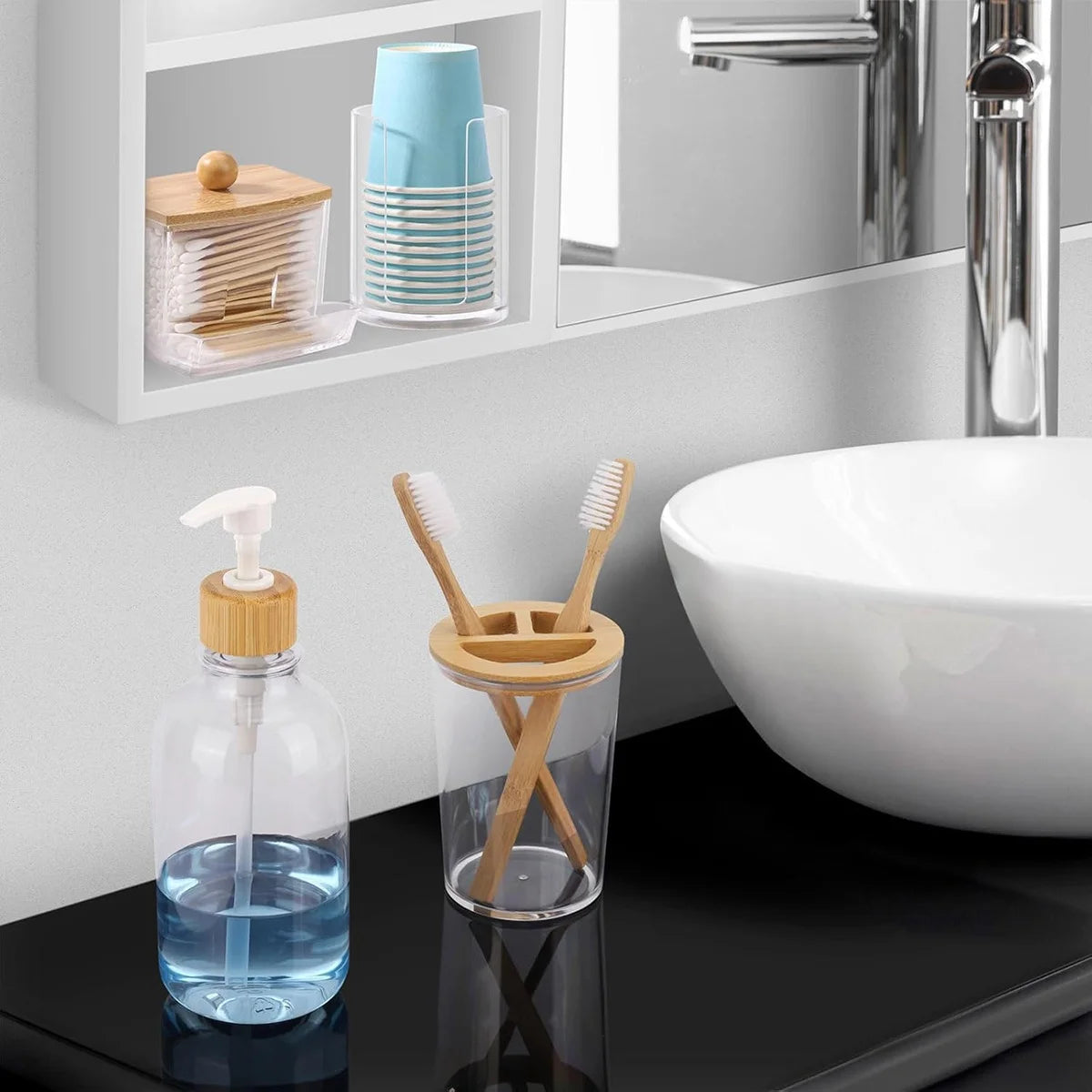 Bathroom Jar Accessories Set 4 Pcs - Clear Toothbrush Holder Plastic Soap Dispenser Bathroom Cup Dispenser Qtip Holder Peaceful Pleasures Health and Wellness