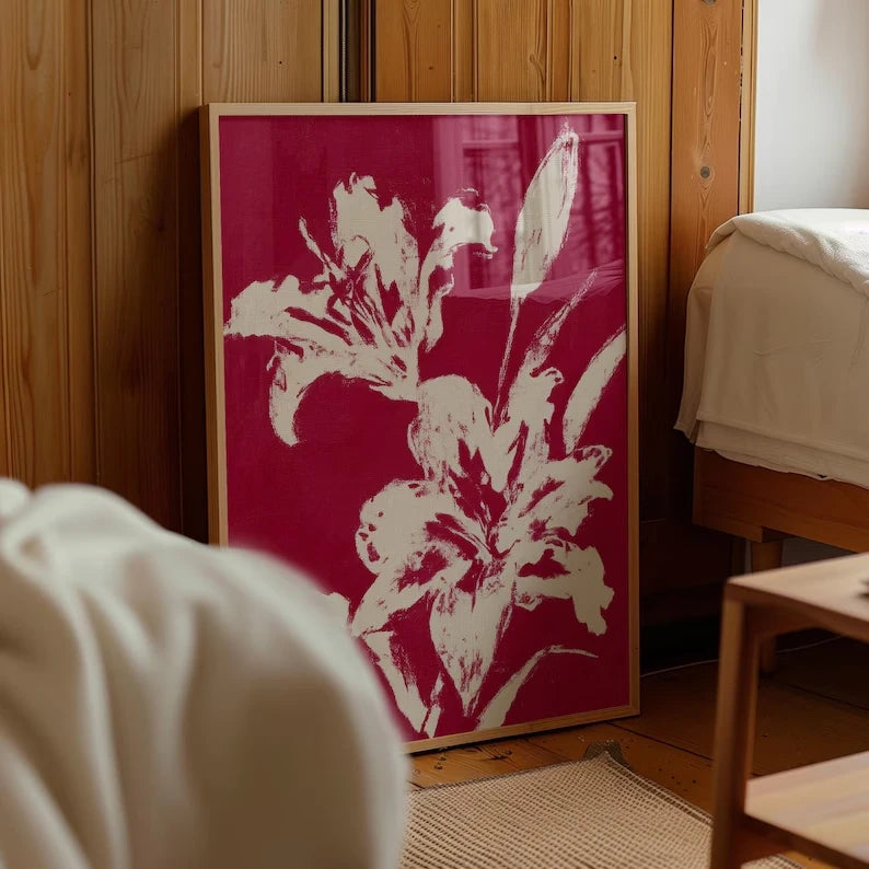 Retro Red Lily Floral Canvas Wall Art Print | Home Decor