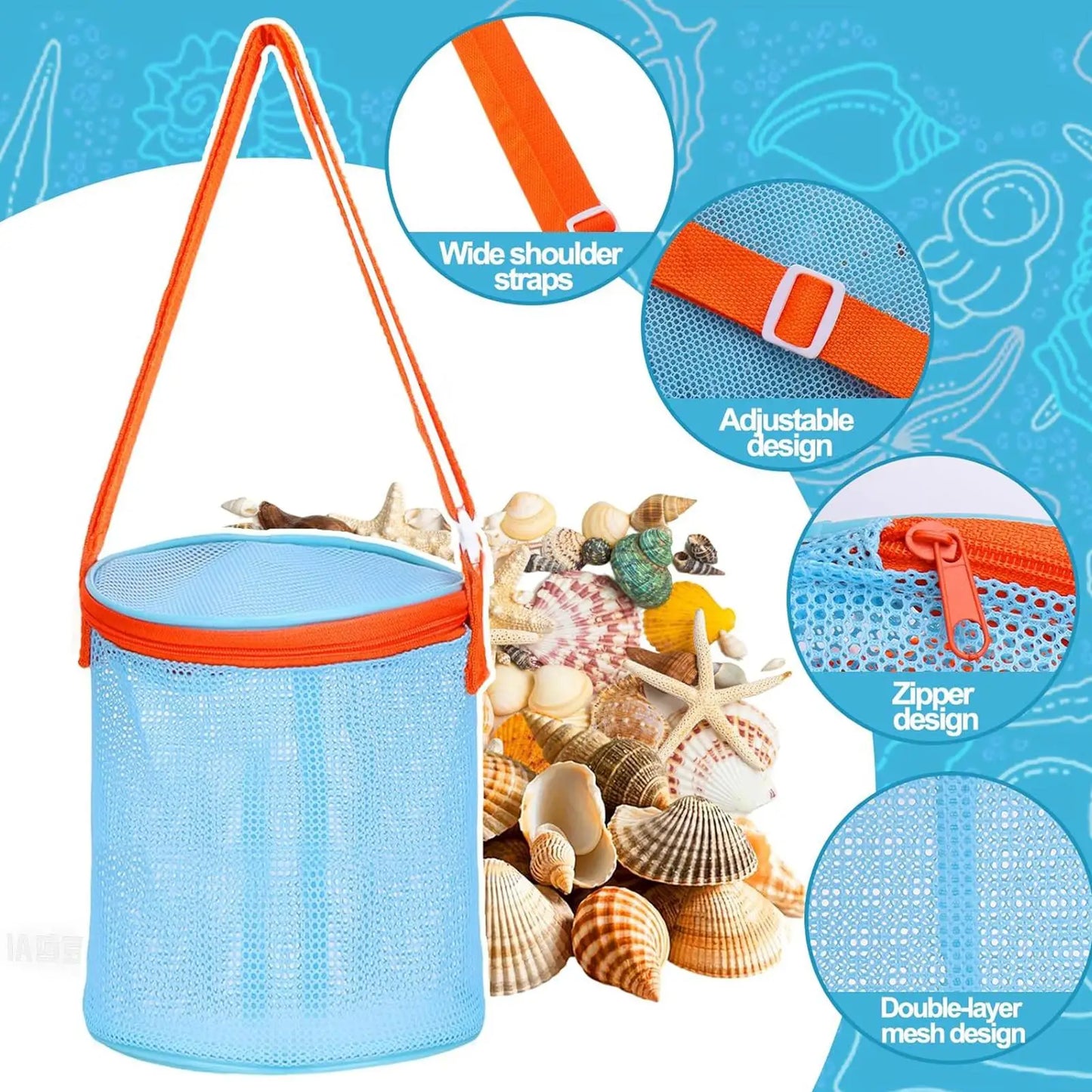 Beach Shell Bags 2-Pack | Mesh Sand Toy Storage Pouches