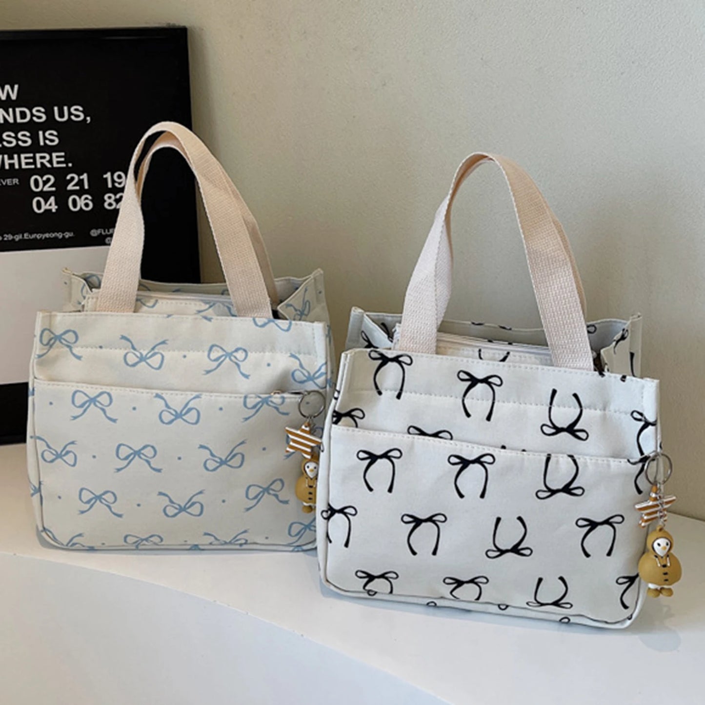Canvas Lunch Bag With Bow Pattern Pendant Lightweight Bento Tote For Women For Office Commute Travel Picnic Food Storage Peaceful Pleasures Health and Wellness
