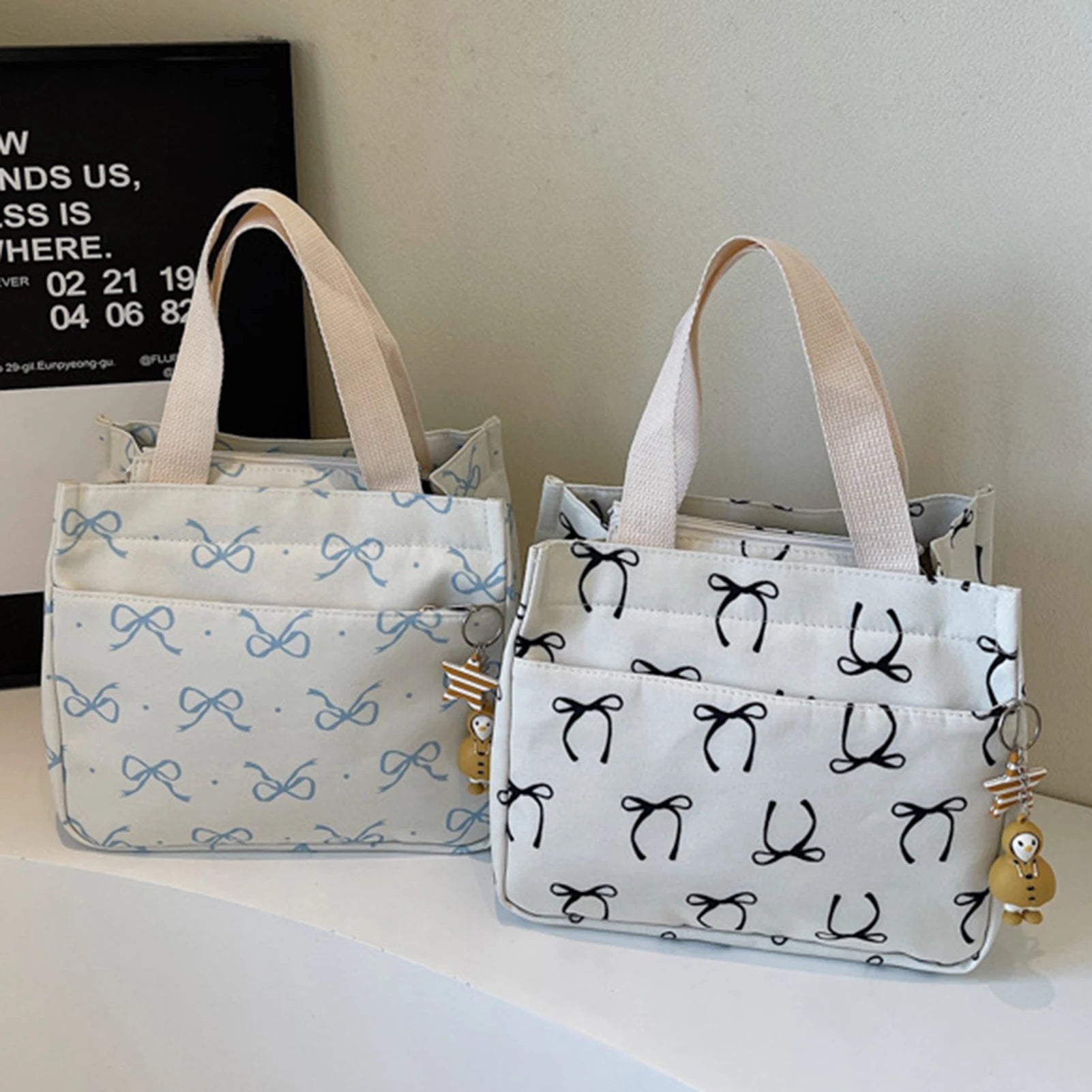 Canvas Lunch Bag With Bow Pattern Pendant Lightweight Bento Tote For Women For Office Commute Travel Picnic Food Storage Peaceful Pleasures Health and Wellness