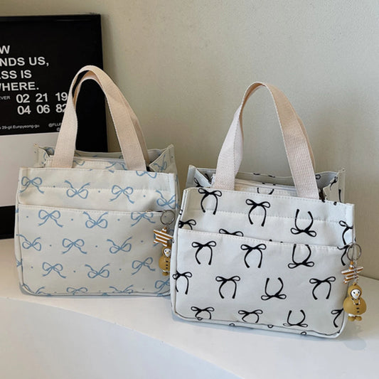 Canvas Lunch Bag With Bow Pattern Pendant Lightweight Bento Tote For Women For Office Commute Travel Picnic Food Storage Peaceful Pleasures Health and Wellness