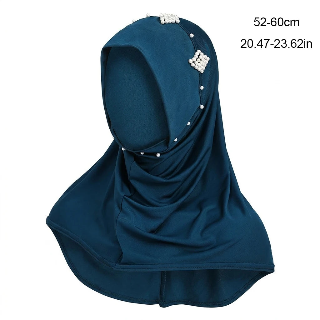 Women's Pearl Embellished Hijab Hat Elastic Fabric Chin Strap Muslim Base Cap Peaceful Pleasures Health and Wellness