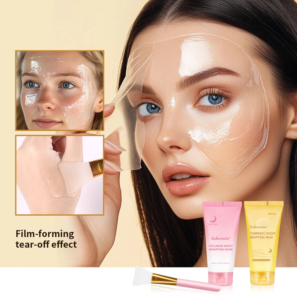 3pcs/set Collagen Night Wrapping Mask And Brush Turmeric Facial Mask Deep Hydration Moisturizing Sleeping SkinCare Korean Makeup Peaceful Pleasures Health and Wellness