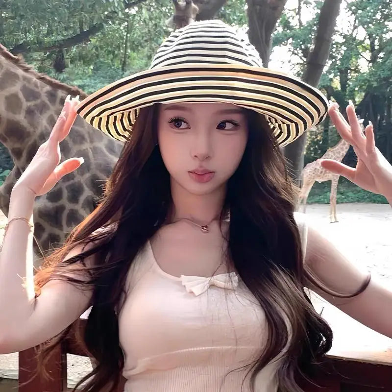 Striped Wide Brim Sun Hat – Lightweight Fisherman Cap for Women