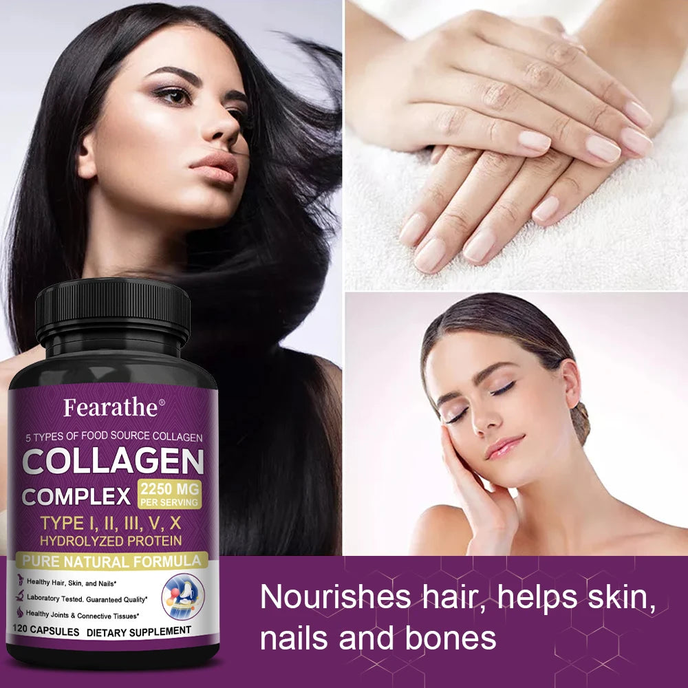 Multi-Collagen Capsules for Men and Women - Hydrolyzed Type I II III V X for Skin, Hair, Nails, Bones, Joints, Nutrition Peaceful Pleasures Health and Wellness