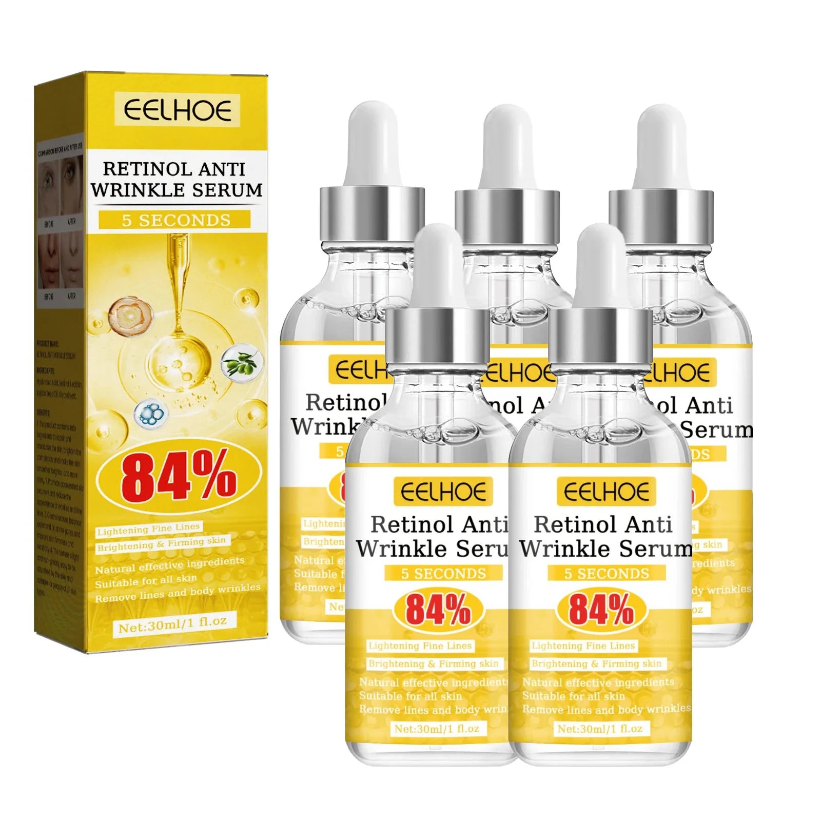 Retinol Anti-Wrinkle Serum Anti Aging Face Lifting Firming Fade Fine Lines Moisturizing Skin Care Hyaluronic Acid Facial Serum Peaceful Pleasures Health and Wellness 5pcs