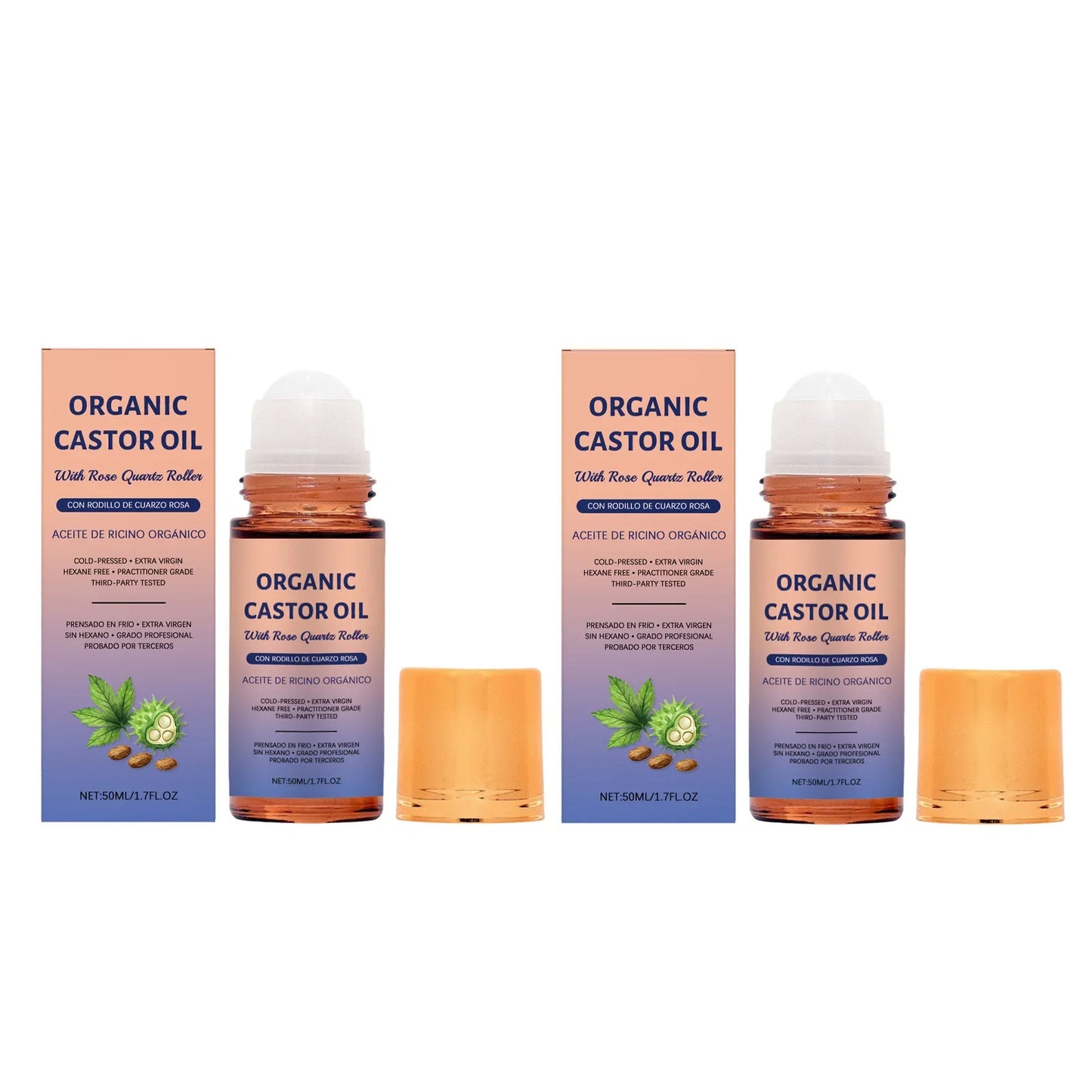 Organic Castor Oil with Rose Quartz Roller – Cold Pressed 50ml