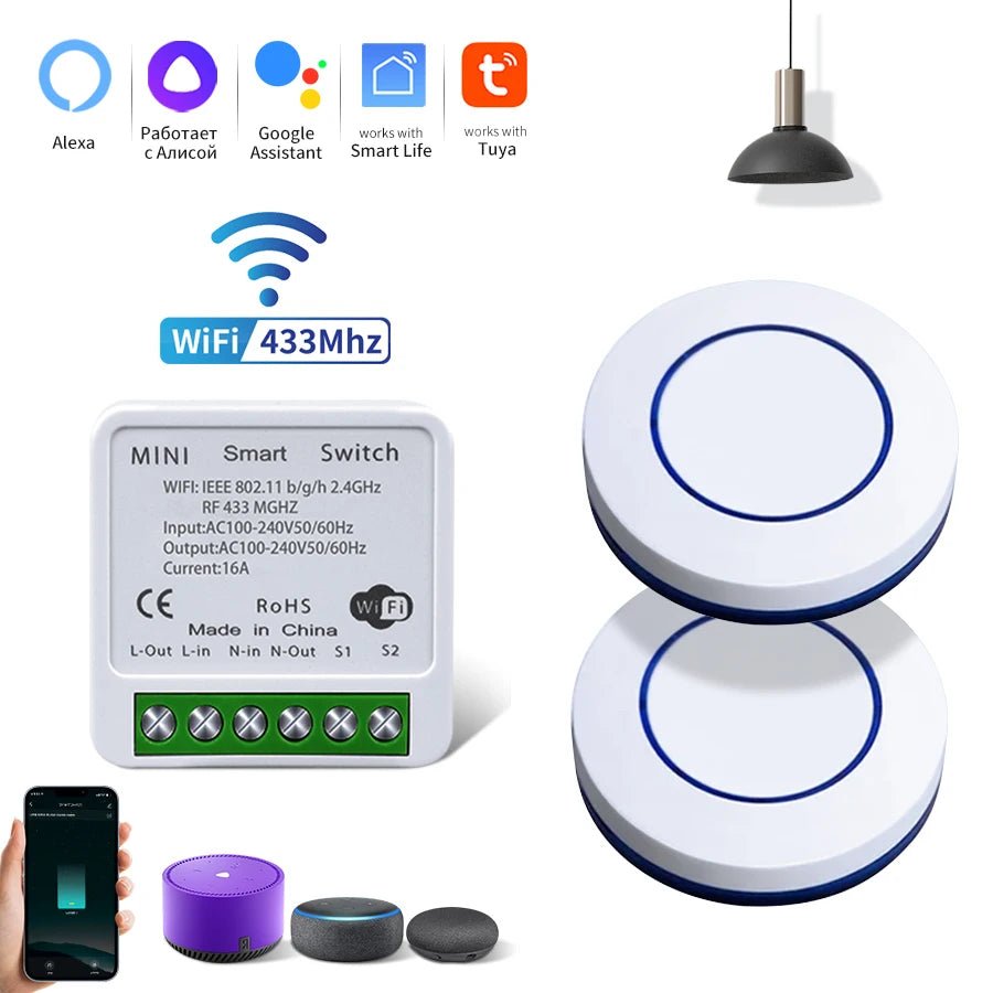WiFi Smart Switch DIY Module Receiver Tuya Smart Life APP Alexa Google Home Voice Control RF433MHz Round Button Remote for Light Peaceful Pleasures Health and Wellness