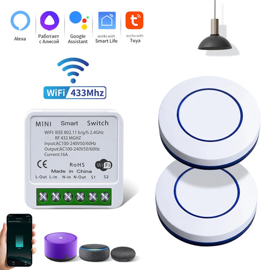 WiFi Smart Switch DIY Module Receiver Tuya Smart Life APP Alexa Google Home Voice Control RF433MHz Round Button Remote for Light Peaceful Pleasures Health and Wellness
