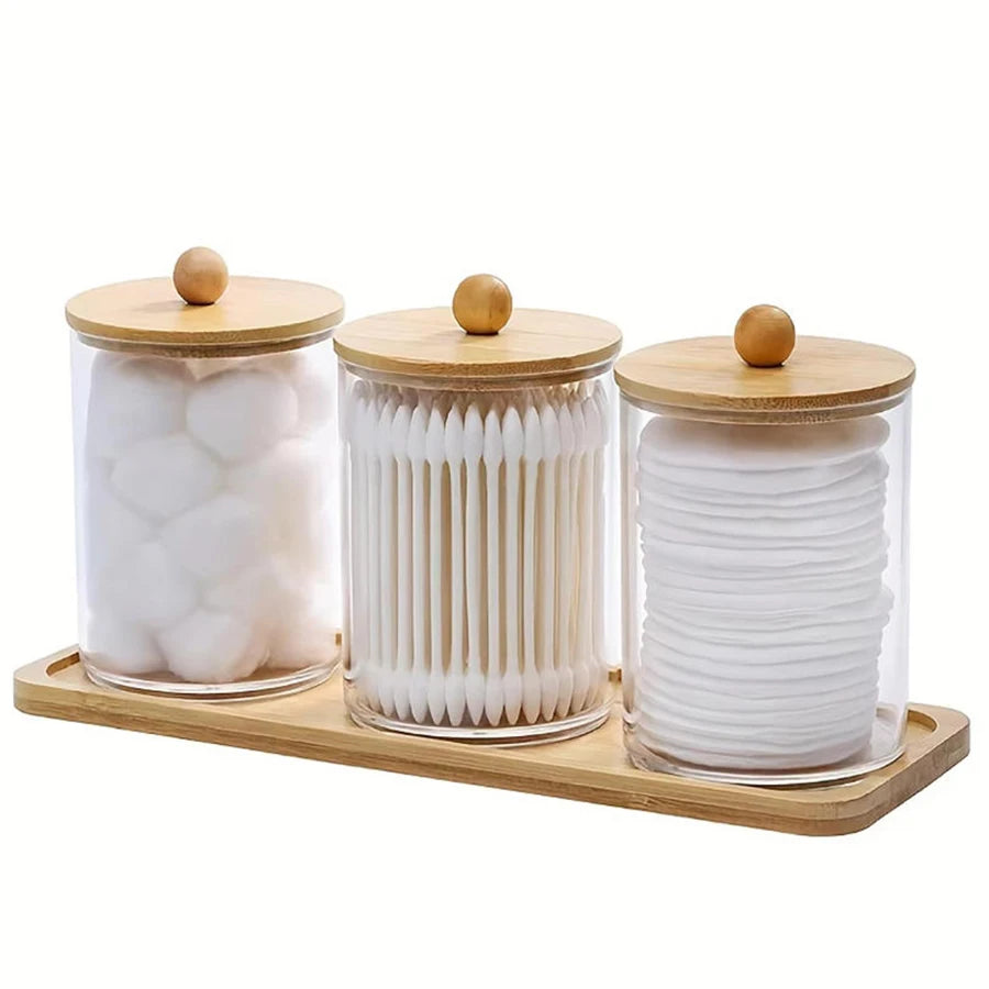 Clear Acrylic Bathroom Canister with Tray Plastic Apothecary Jars Storage box Bathroom Organizers for Qtip, Cotton Balls, Floss Peaceful Pleasures Health and Wellness A