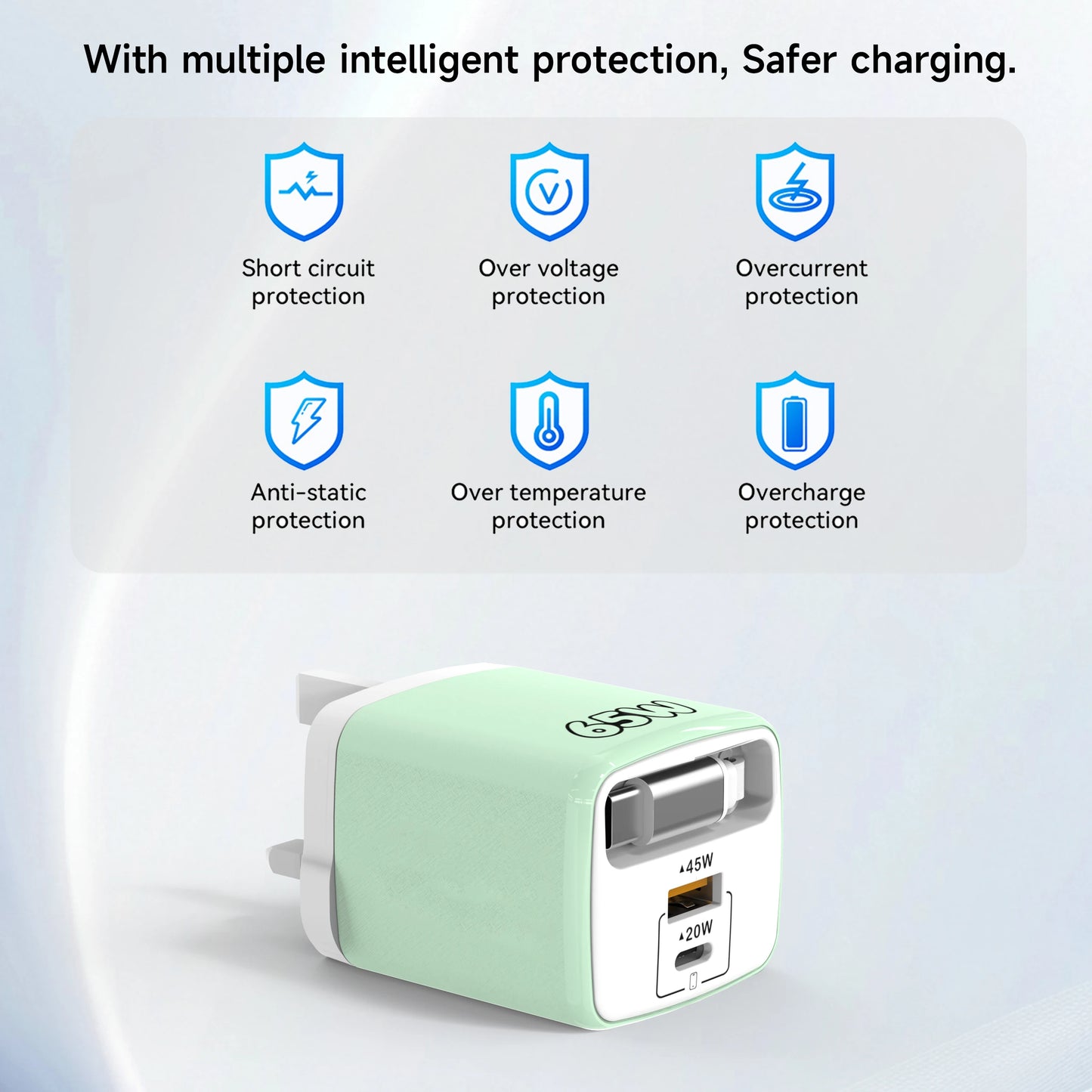 65W 3-in-1 USB-C Fast Wall Charger PD Quick Charge