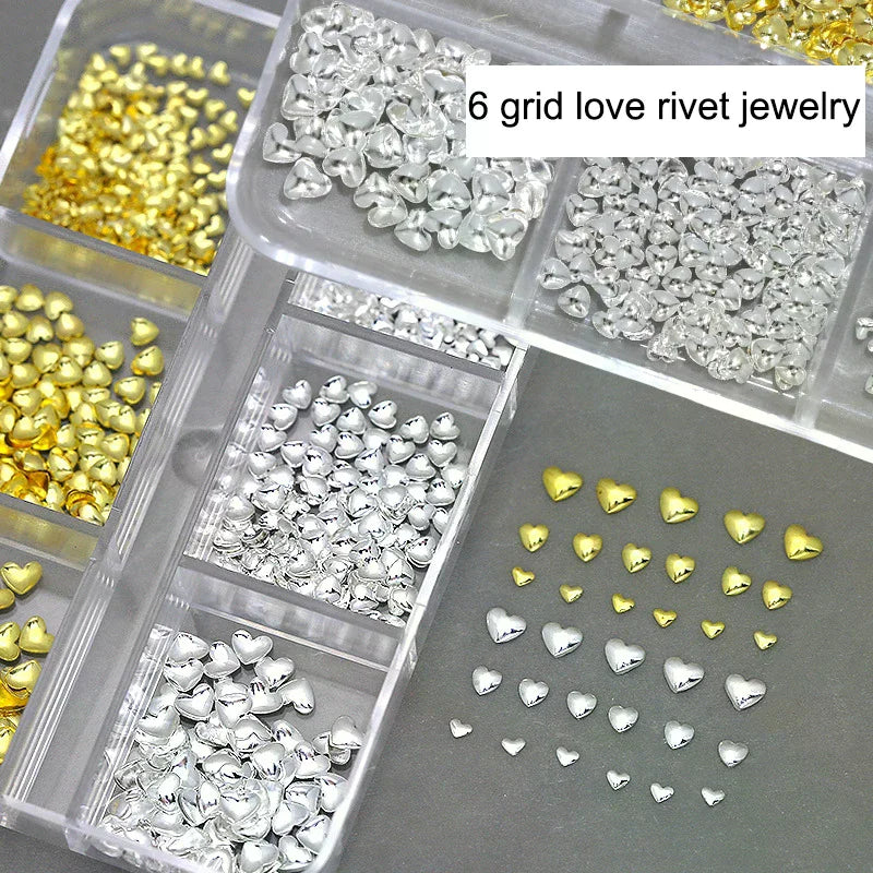 6Grids 3D Metal Heart Nail Art Charms Gold/Silver Starlight Rivets Nails Decorations Y2K Manicure Accessories Nail Parts Jewelry Peaceful Pleasures Health and Wellness