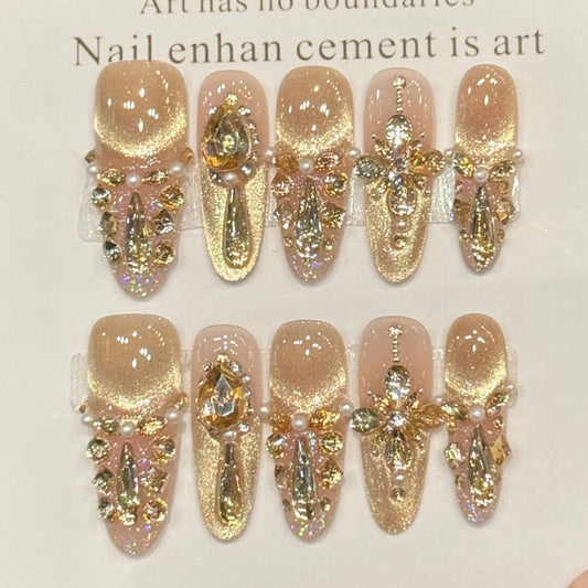 10PCS Handmade Press on Nails Champagne Zircon Diamond Almond Fake Nails Decor Wearable French Elegant Cat's Eye False Nails Art Peaceful Pleasures Health and Wellness L