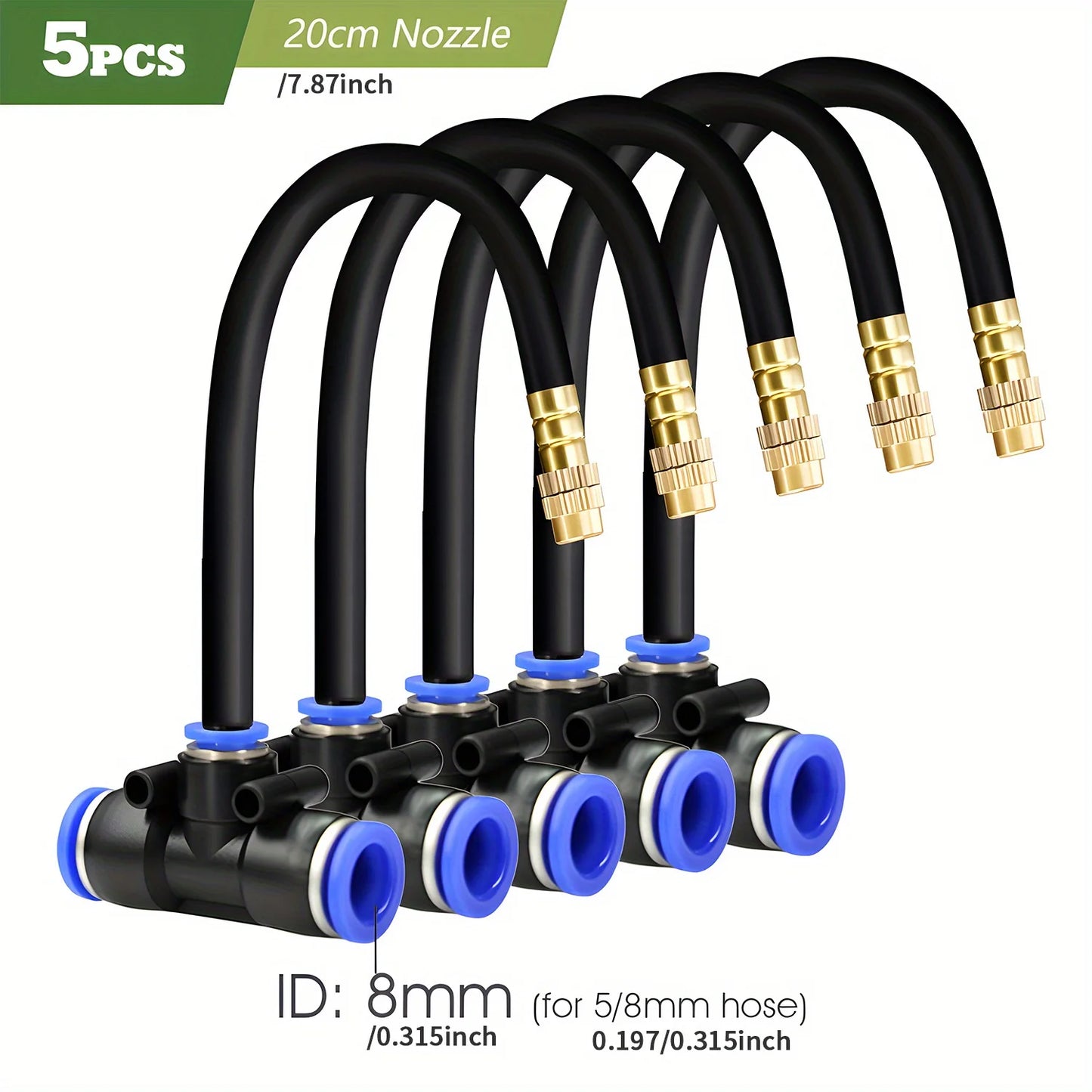 5PC Adjustable Brass Misting Nozzle with Tee Quick Connector for OD-8mm OD-12mmPE Hose Sprayer Garden Plants Atomizing Sprinkler Peaceful Pleasures Health and Wellness C-5PCS 20cm Nozzle