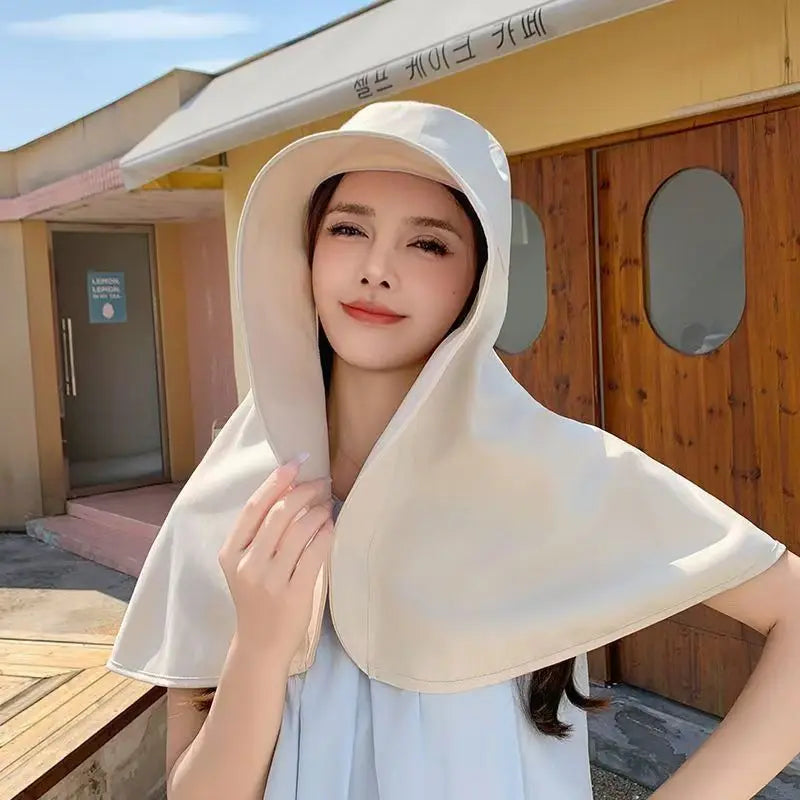 Summer Women's Sun Protection with Neck Cover Sunshade Protection Hat Large Brim Face Covering Hat Face Mask Neck Protection Hat Peaceful Pleasures Health and Wellness beige