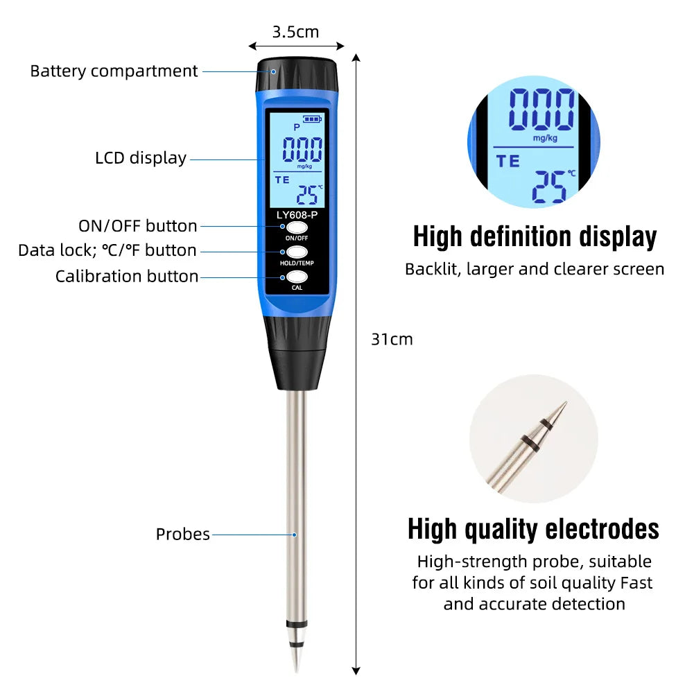 Soil Nutrient Tester Digital Soil Phosphorus Meter Soil Nutrient Tester Phosphorus Temperature Tester for Gardens Orchard Peaceful Pleasures Health and Wellness