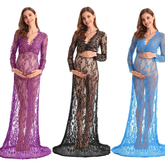 Sexy Deep V-Neck Long Sleeve Lace Beach See-Through Maternity Maxi Dress Douche de bébé Photographie de vêtements de maternité Peaceful Pleasures Health and Wellness