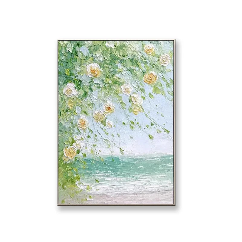 Hand Painted Canvas Oil Painting Abstract Green Spring Flowers Landscape Poster Wall Art Home Decor Mural Living Room Bedroom Peaceful Pleasures Health and Wellness