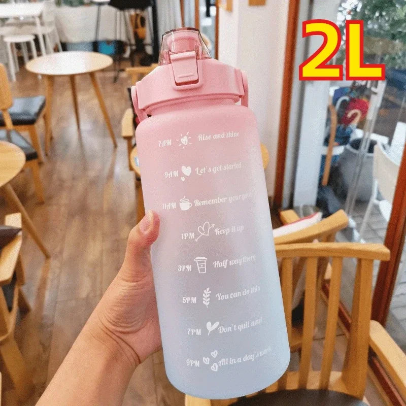 2L Motivational Sports Water Bottle with Time Marker & Straw
