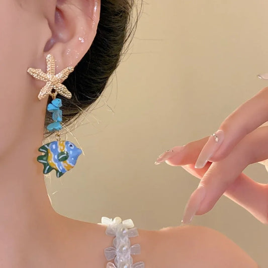 Ocean Glass Beaded Fish & Starfish Drop Earrings | Summer Jewelry Drop Earrings Oasis Select