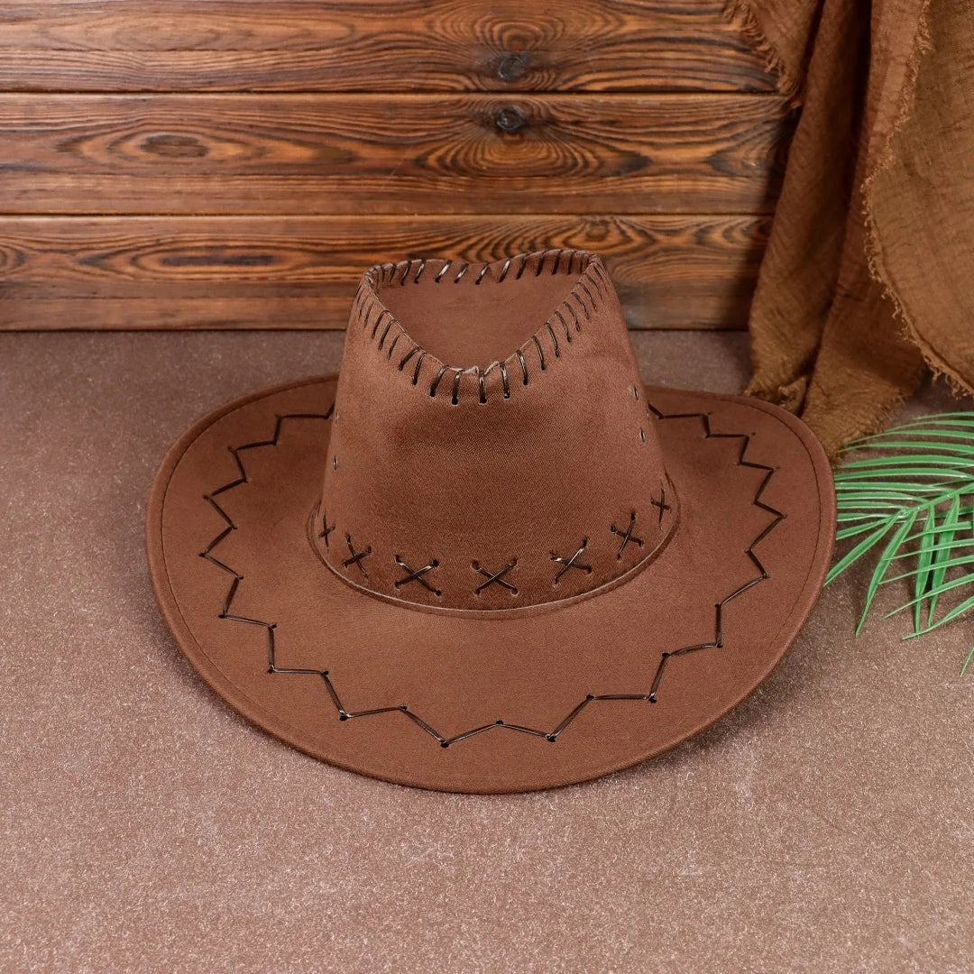 Brown Faux Suede Western Cowboy Hat Vintage X-stitch Wide Brim Unisex