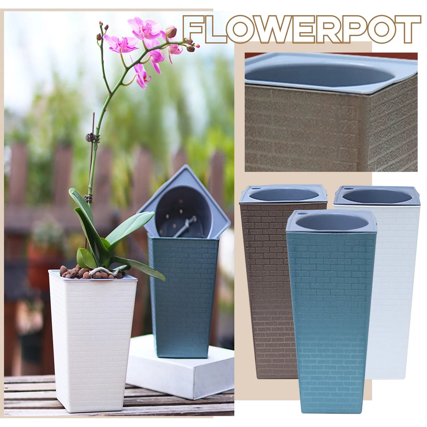 Large Flowerpot Imitation Metal Plastic Tall Planter Garden Accessories Brick Pattern Square Flower Pots With Inlet Watering Peaceful Pleasures Health and Wellness