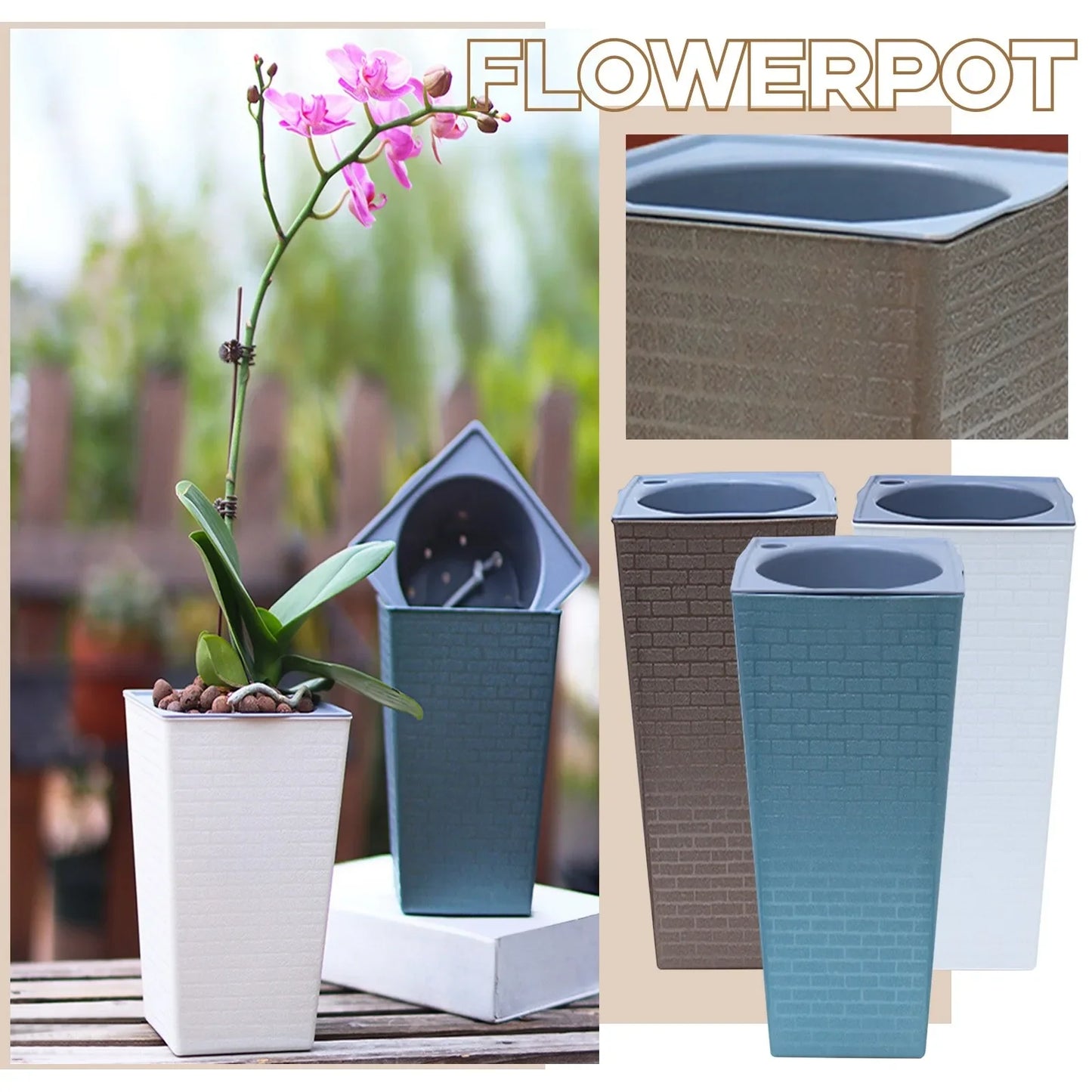 Large Square Brick Pattern Tall Plastic Planter | Garden Pot