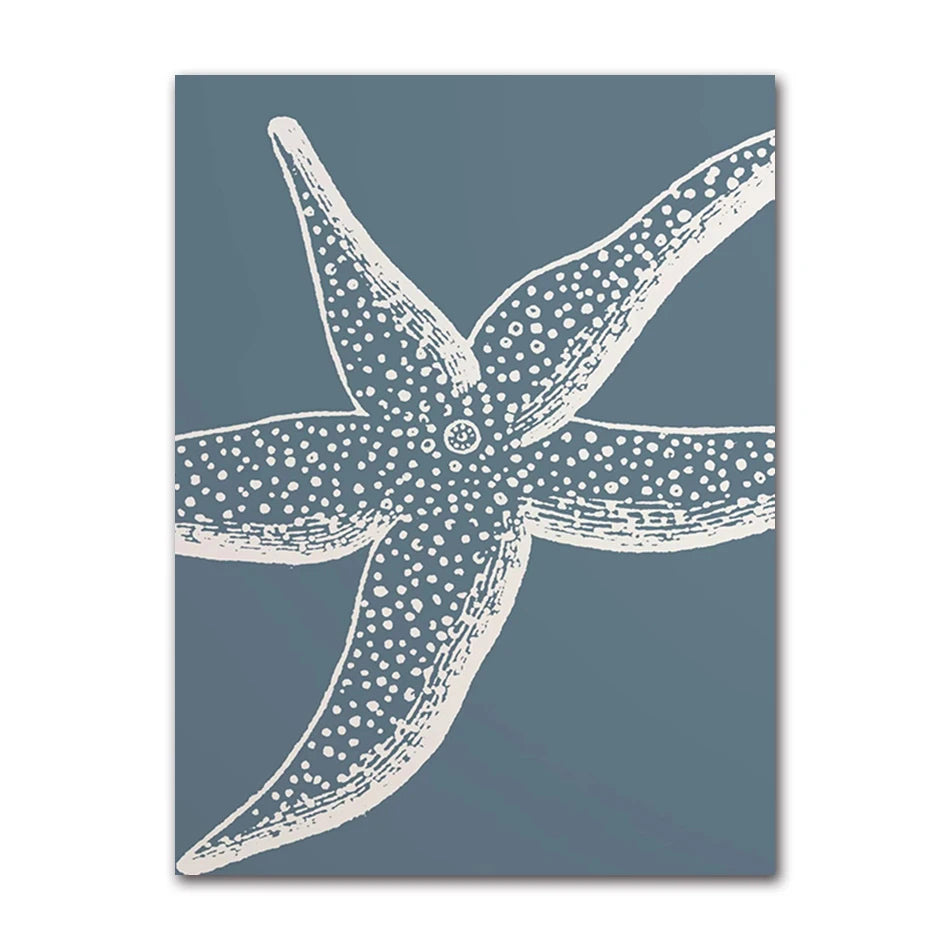 Coastal Blue Beach Antique Shell Sketch Poster, Starfish Jellyfish Conch Oil Painting Print, Wall Art for Kids Room Home Decor Peaceful Pleasures Health and Wellness 82052-06 20x30cm Unframed