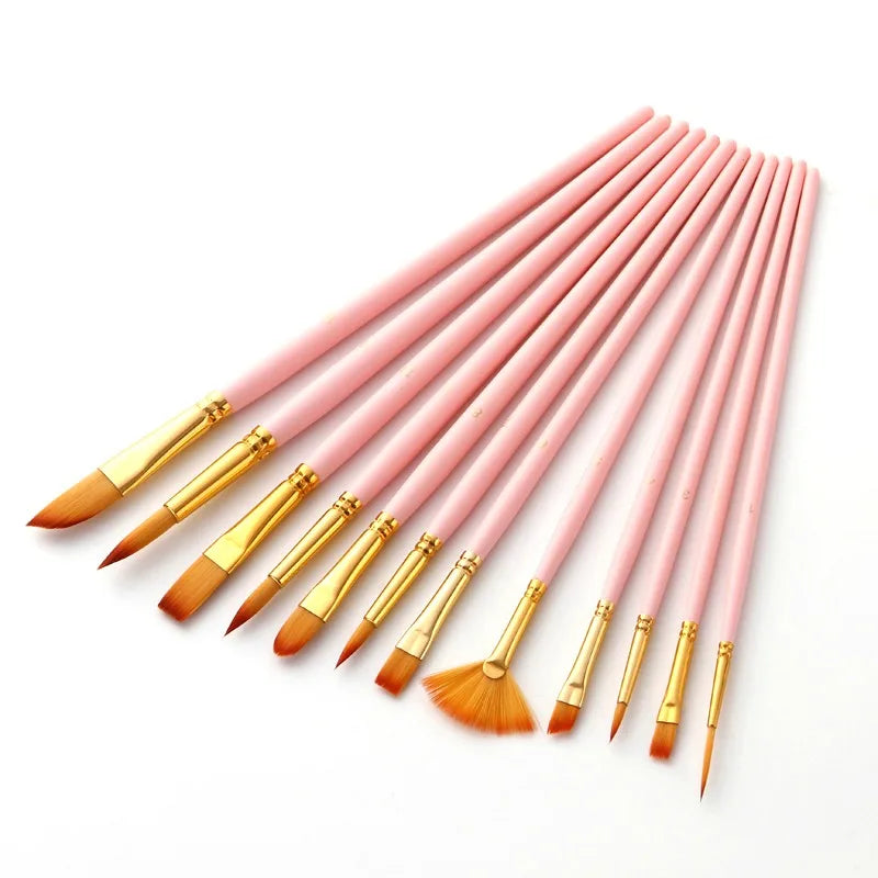 Portable 12 Pcs Painting Brush Set Multipurpose for Canvas Glass Ceramic Durable Bamboo Handle with Pouch Travel Art Supplies Peaceful Pleasures Health and Wellness pink 12pcs
