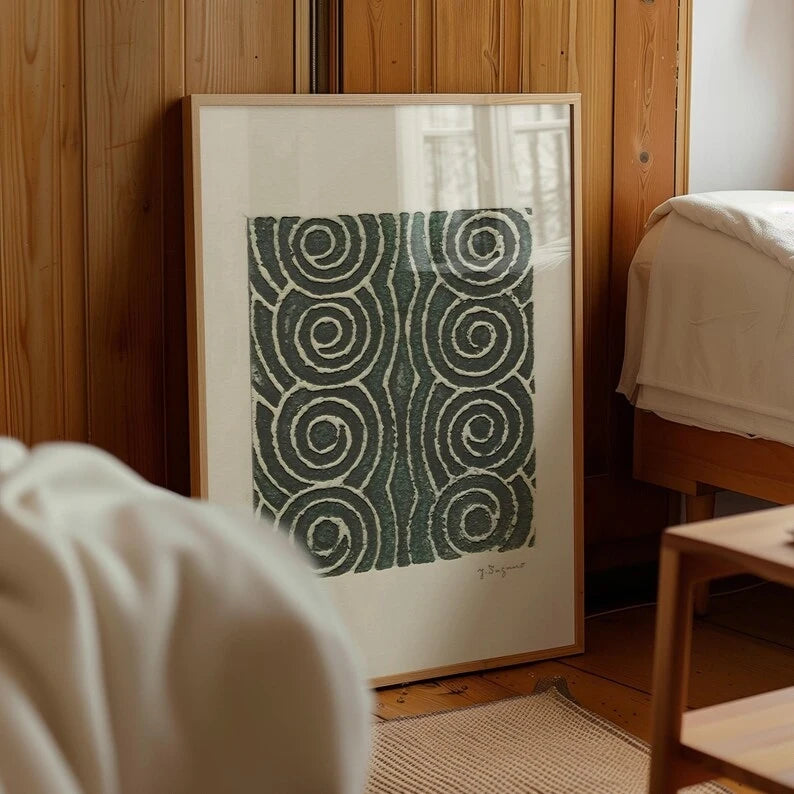 Japanese Green Geometric Spiral Canvas Wall Art Print