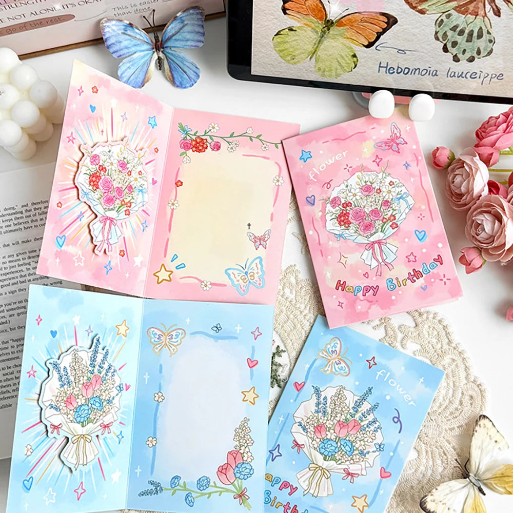 4 Sets Cartoon Flower Greeting Cards Envelopes 3D Foldable Blessing