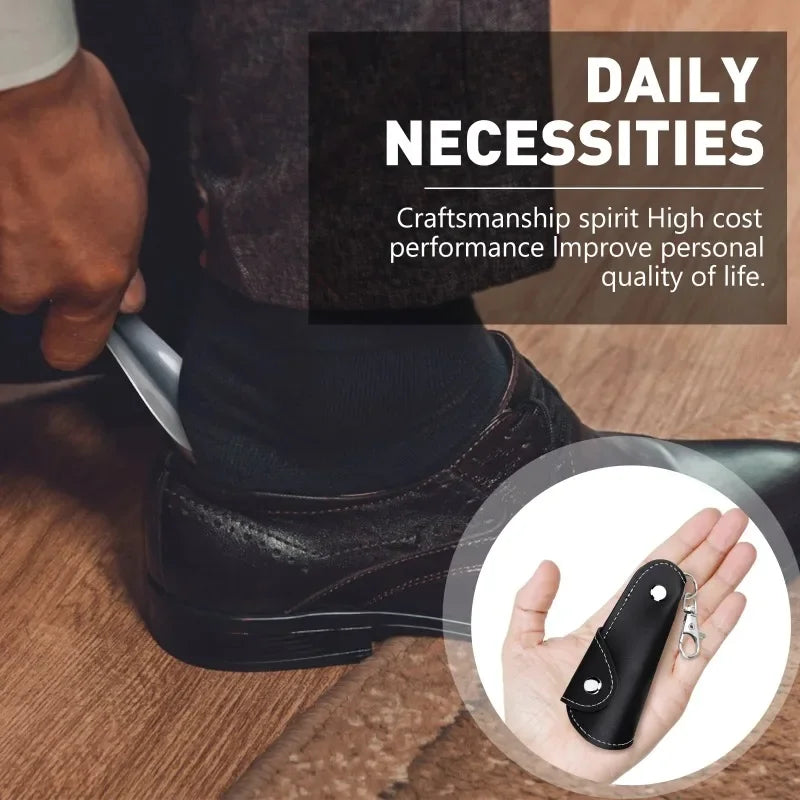 Mini Metal Shoe Horn with Leather Handle & Keychain Clip