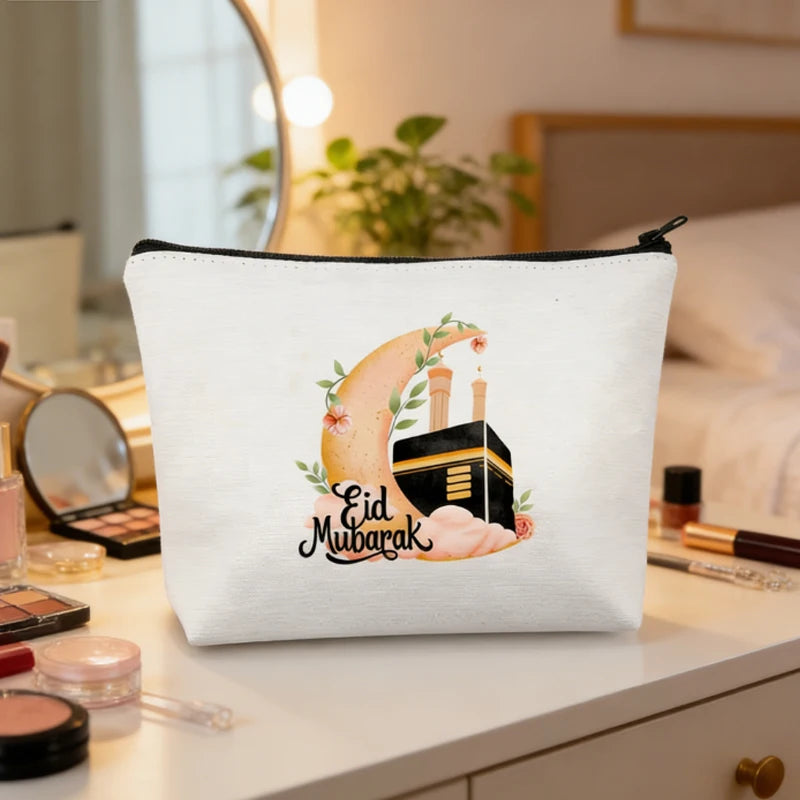 Eid Mubarak Canvas Makeup Bag | Mosque Moon Ramadan Gift Canvas Cosmetic Bag Peaceful Pleasures Health and Wellness
